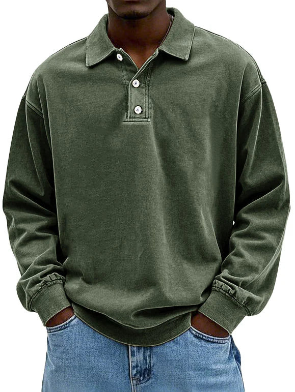 Herren Langarm Polo Shirt mit Knopfleiste und Kragen Lockerer Fit Weiß