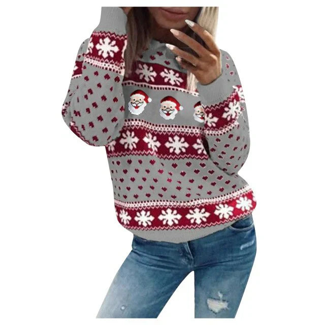 Damen Weihnachtspullover Weihnachtsmann Schneeflockenmuster