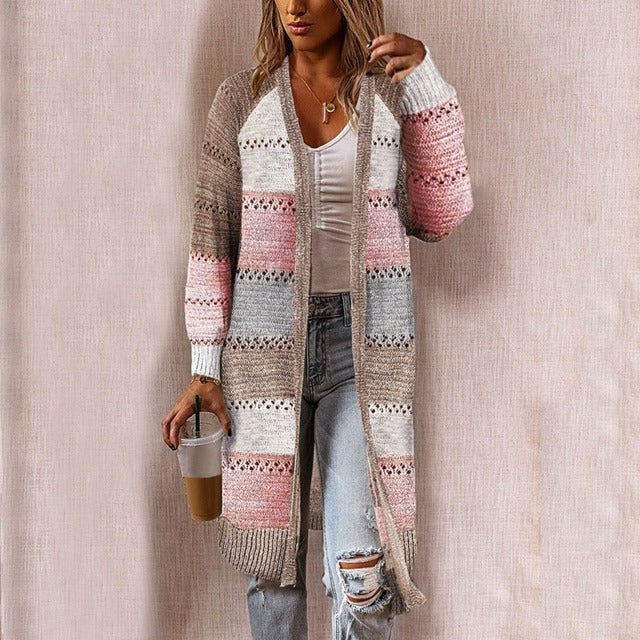Damen Strickcardigan Lang Offene Front Bunt - Eveloria