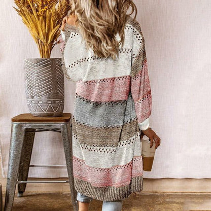 Damen Strickcardigan Lang Offene Front Bunt