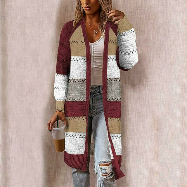 Damen Strickcardigan Lang Offene Front Bunt
