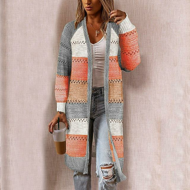 Damen Strickcardigan Lang Offene Front Bunt