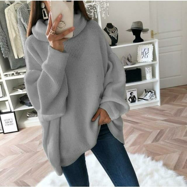 Damen Strickpullover Rollkragen Locker Passform