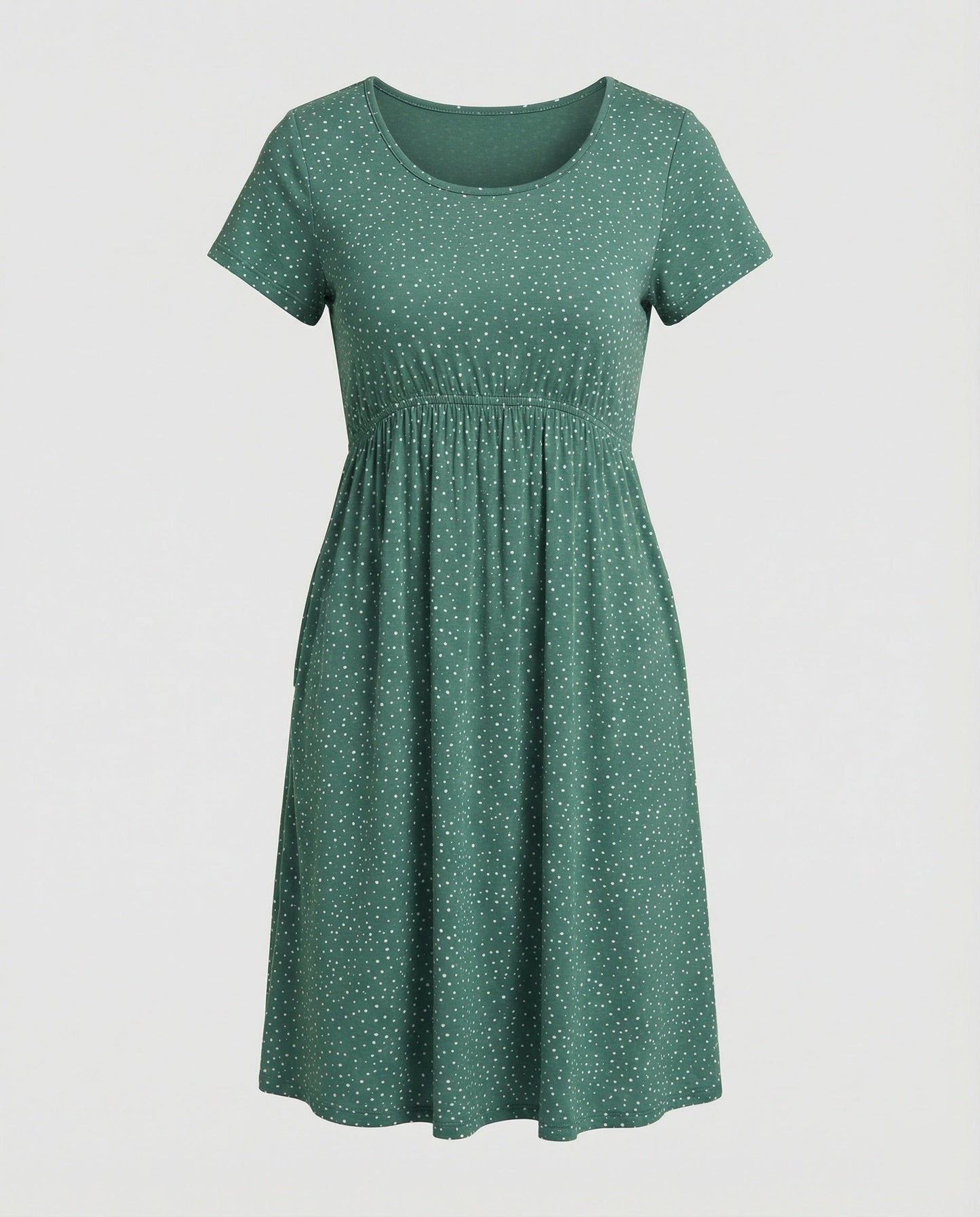 Damen Midikleid Grünes Punktmuster Kurzärmelig