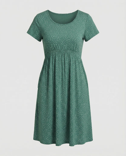 Damen Midikleid Grünes Punktmuster Kurzärmelig
