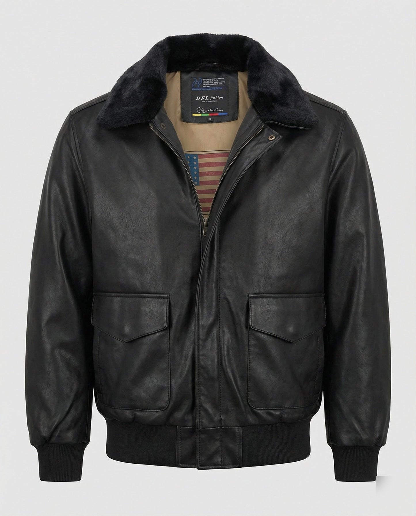Herren Lederjacke Pilotenstil Teddykragen Schwarz - Eveloria
