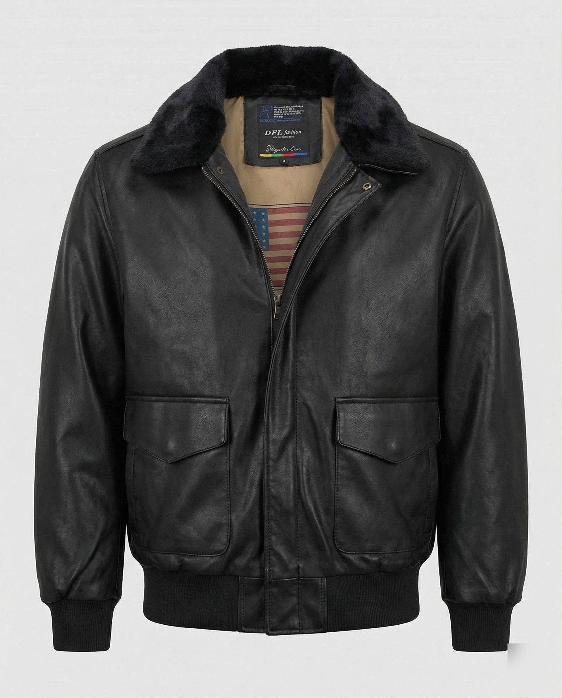 Herren Lederjacke Pilotenstil Teddykragen Schwarz - Eveloria