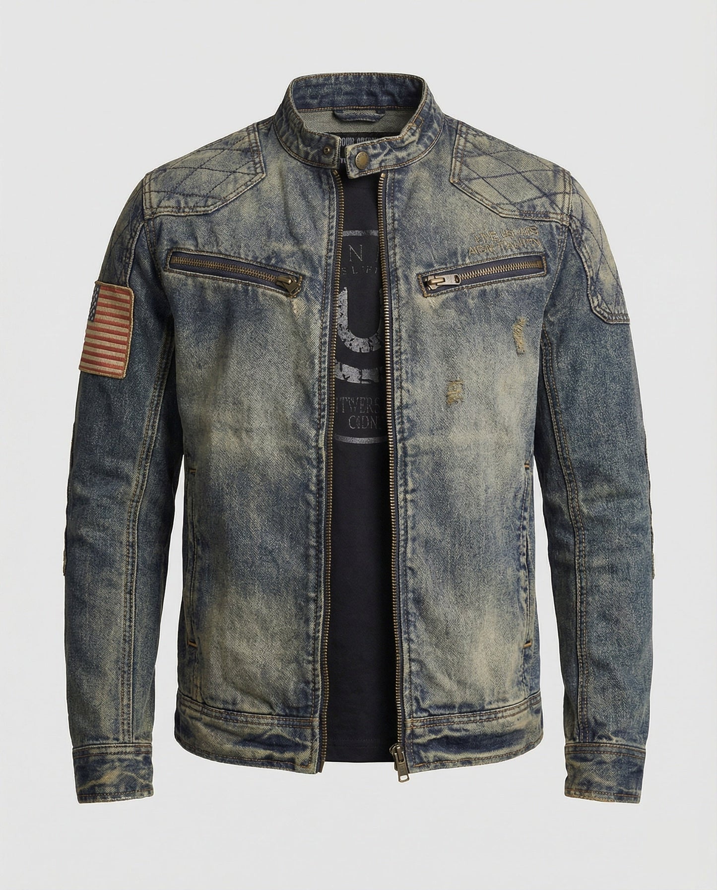 Herren Bikerjacke Stehkragen Jeans - Eveloria