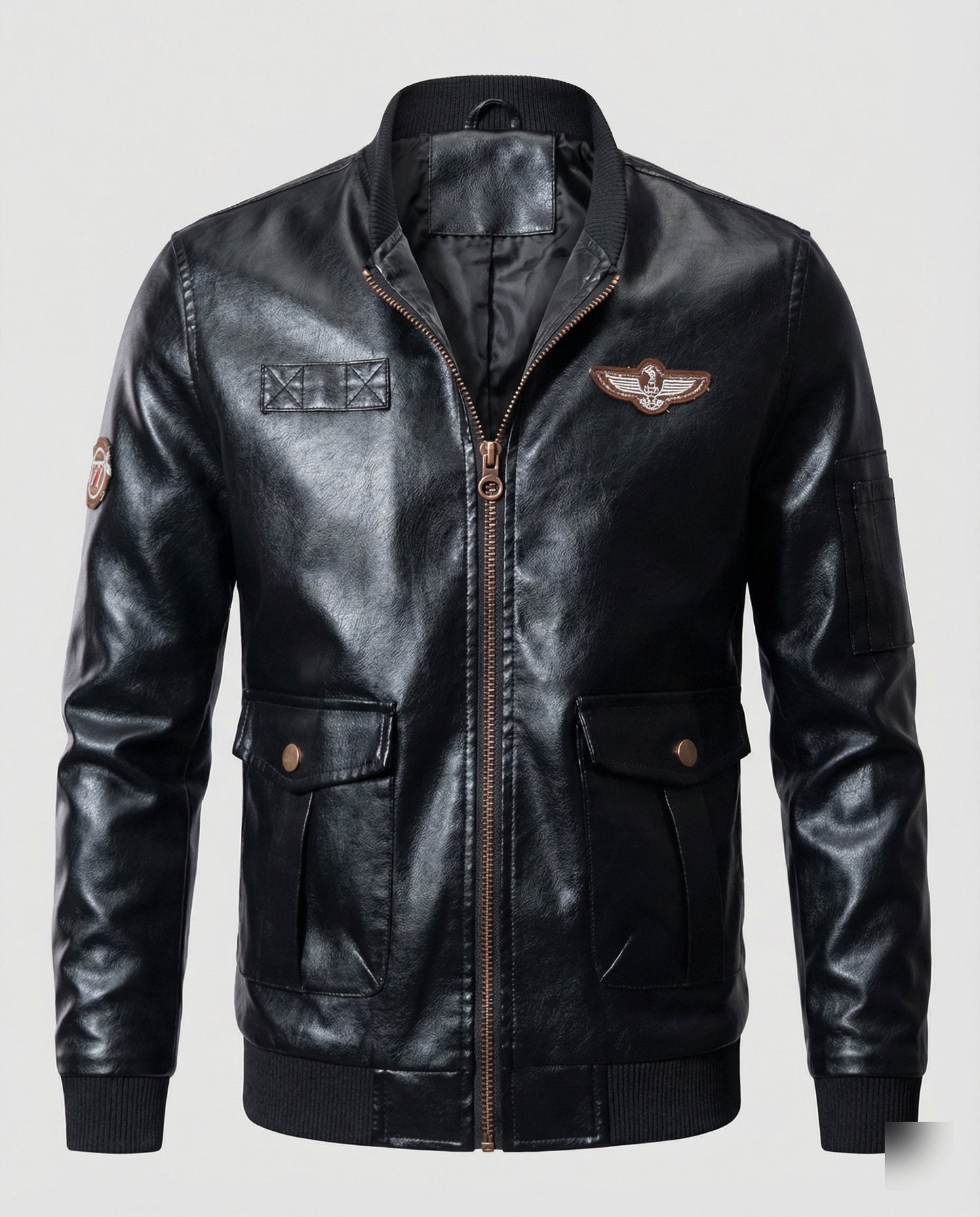 Herren Bomberjacke Kunstleder Pilotenstil Schwarz - Eveloria