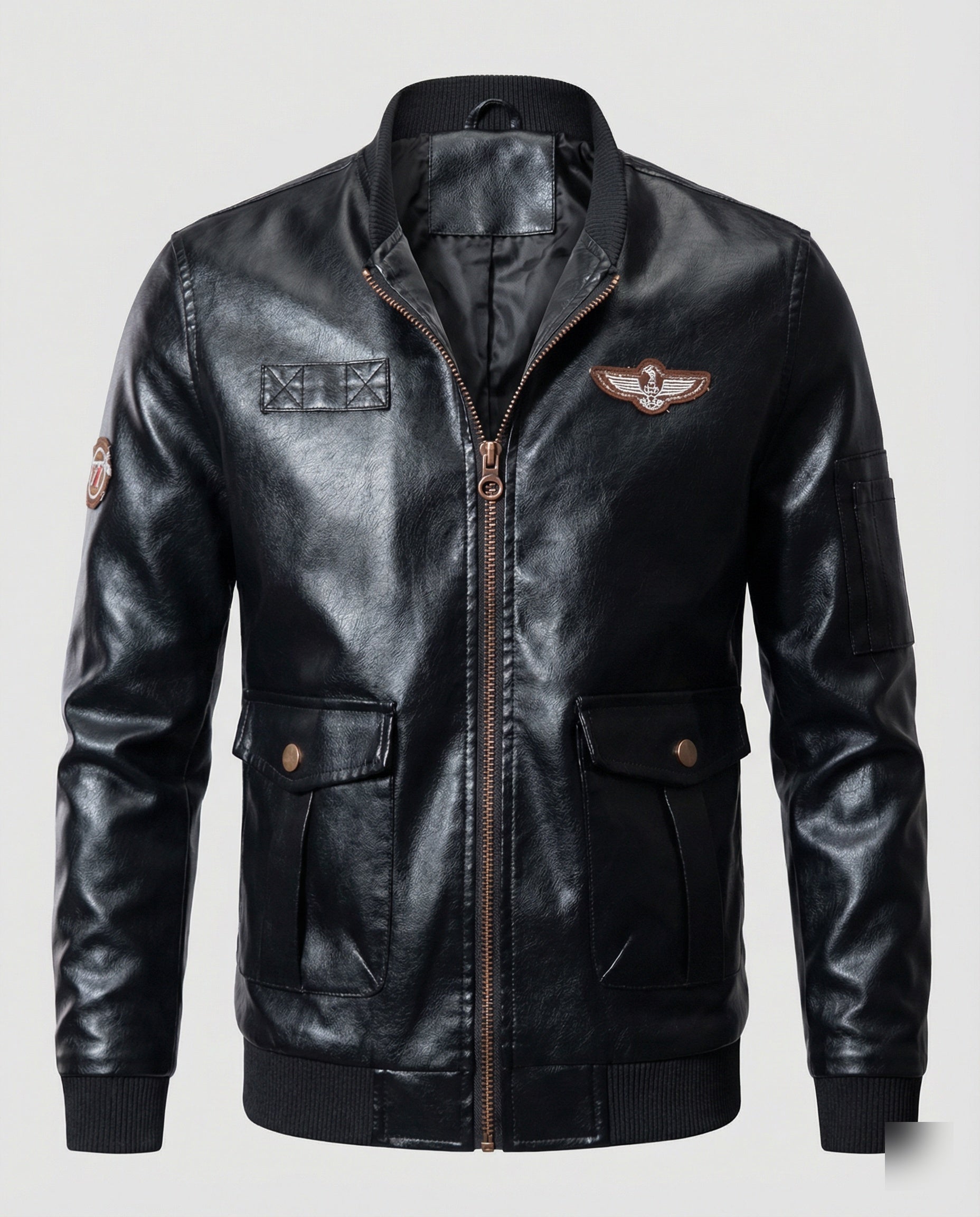 Herren Bomberjacke Kunstleder Pilotenstil Schwarz - Eveloria