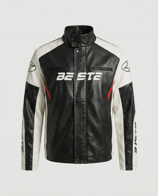 Herren Lederjacke Racing Style Kunstleder Schwarz - Eveloria