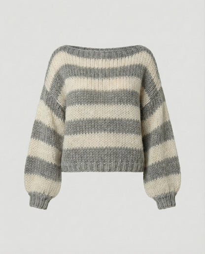 Damen Oversize Pullover Streifen Acryl Grau