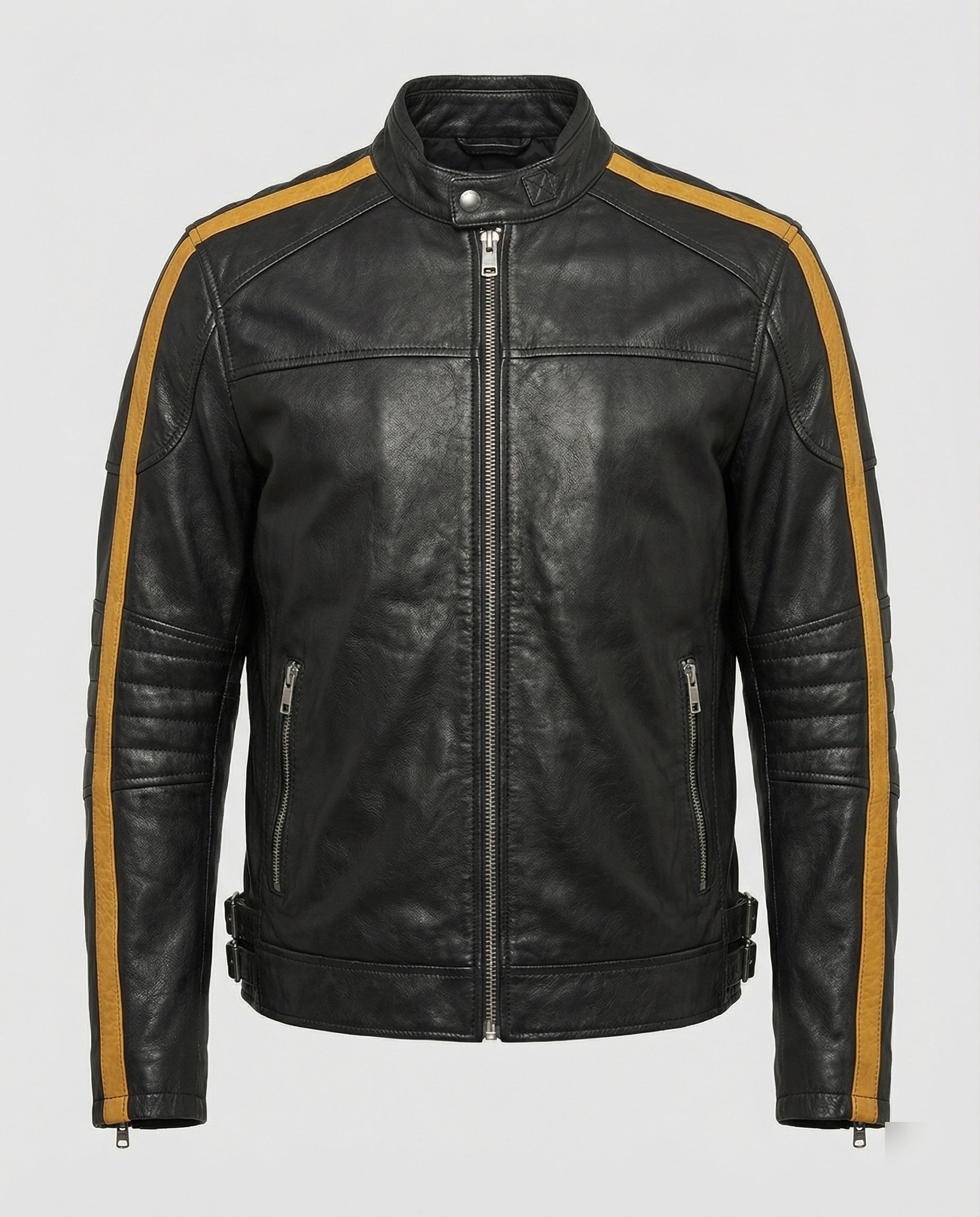 Herren Lederjacke Stehkragen Motorrad Schwarz - Eveloria
