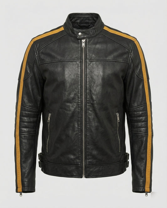 Herren Lederjacke Stehkragen Motorrad Schwarz - Eveloria