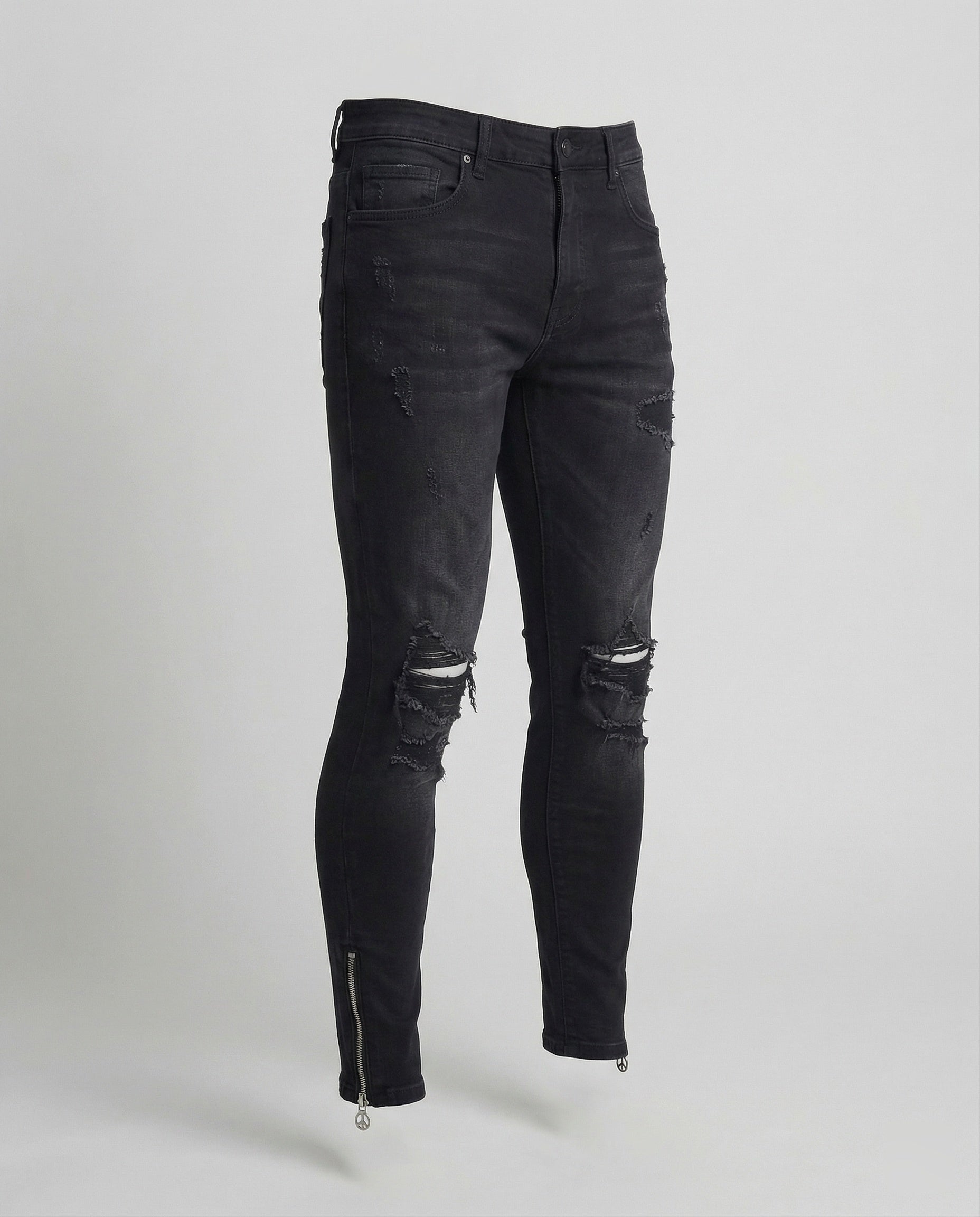 Herren Skinny Jeans Rissig Reißverschluss Schwarz - Eveloria