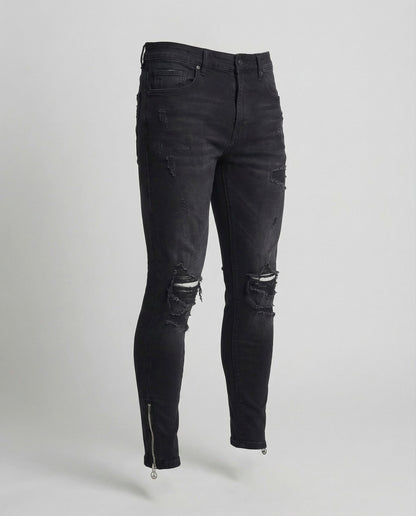 Herren Skinny Jeans Rissig Reißverschluss Schwarz - Eveloria