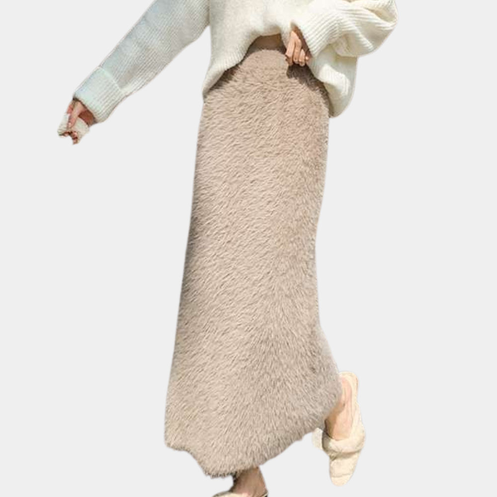 Damen Maxirock Khaki Plüsch Hochtailliert Weich