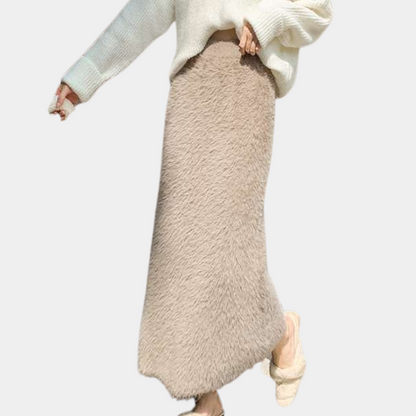 Damen Maxirock Khaki Plüsch Hochtailliert Weich