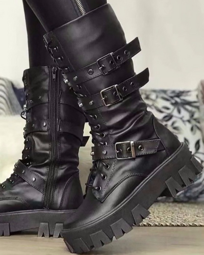 Damen Military Boots Robust Schnürung Verstellbare Schnallen