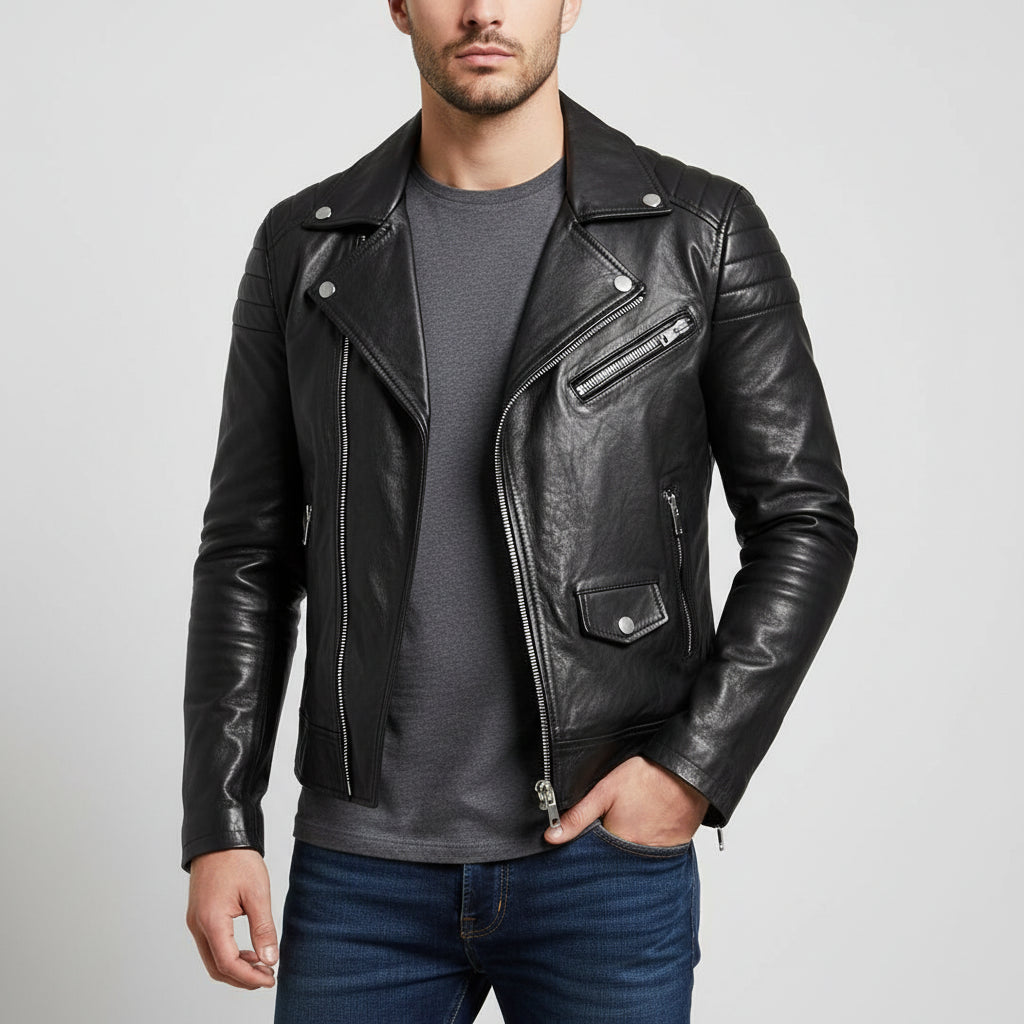 Herren Lederjacke Winter Zip-Up Schwarz - Eveloria