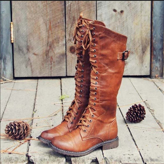 Damen Schnürstiefel Vintage-Look Leder Braun - Eveloria