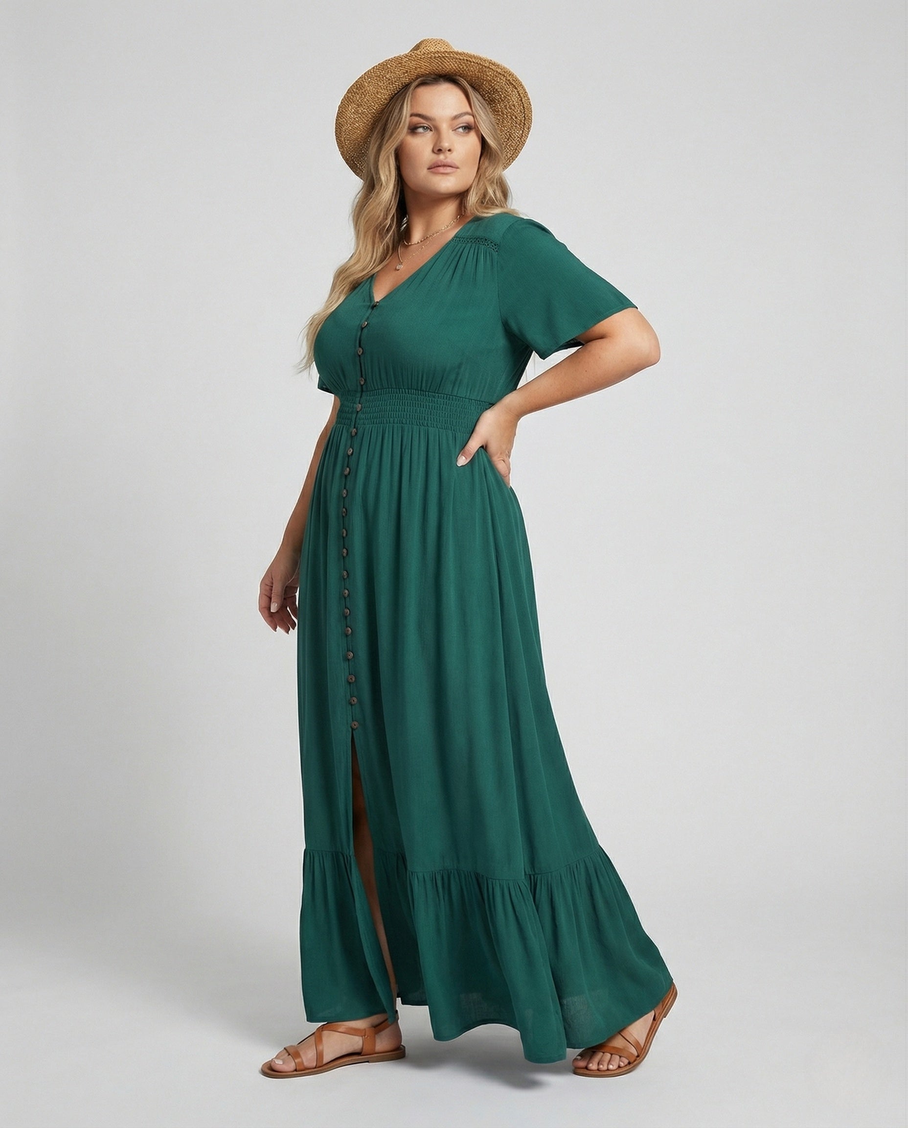 Damen Maxikleid Knopfleiste Stufenvolant - Eveloria
