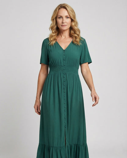 Damen Maxikleid Knopfleiste Stufenvolant