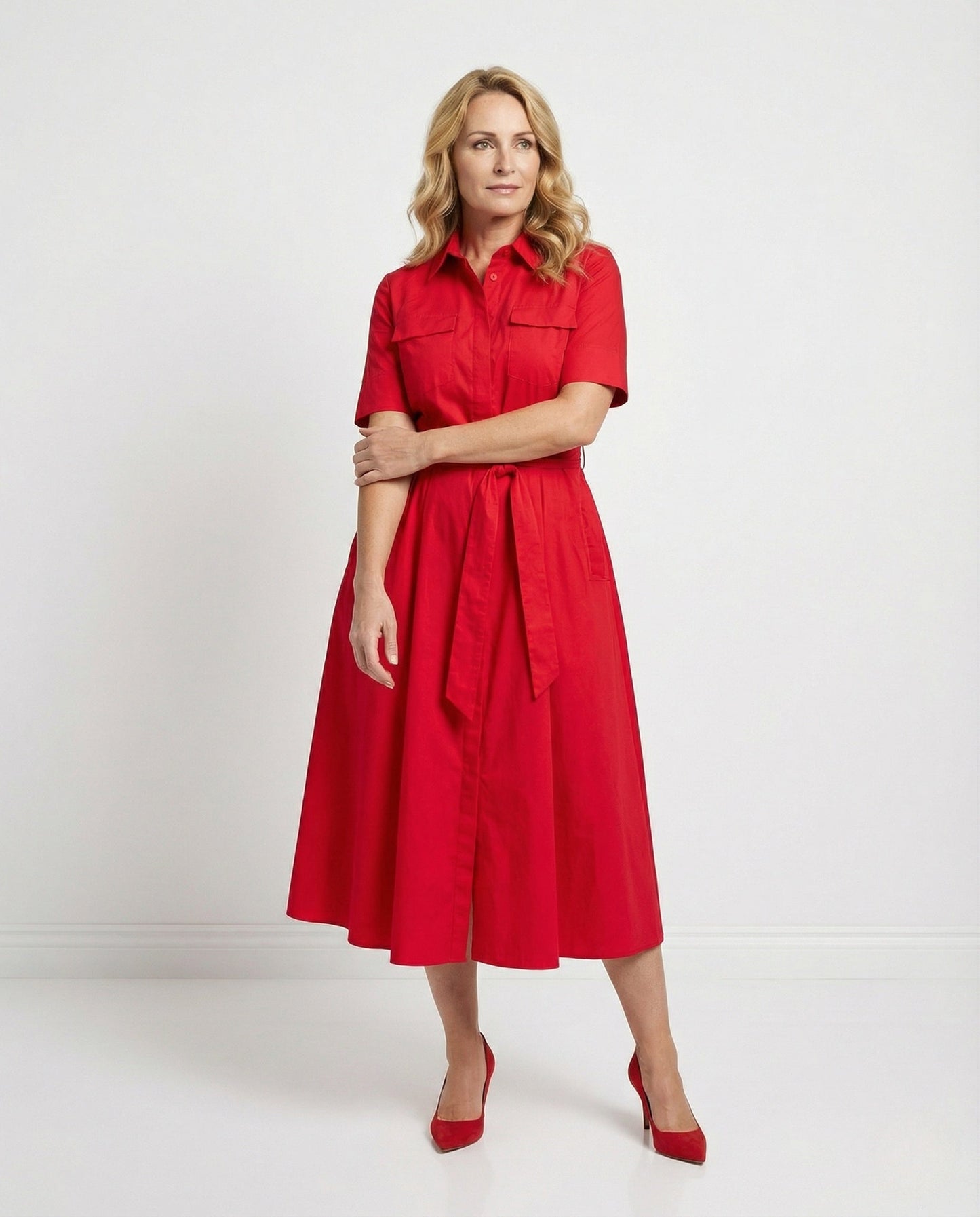 Damen Hemdblusenkleid mit Bindegürtel Baumwolle Blau - Eveloria