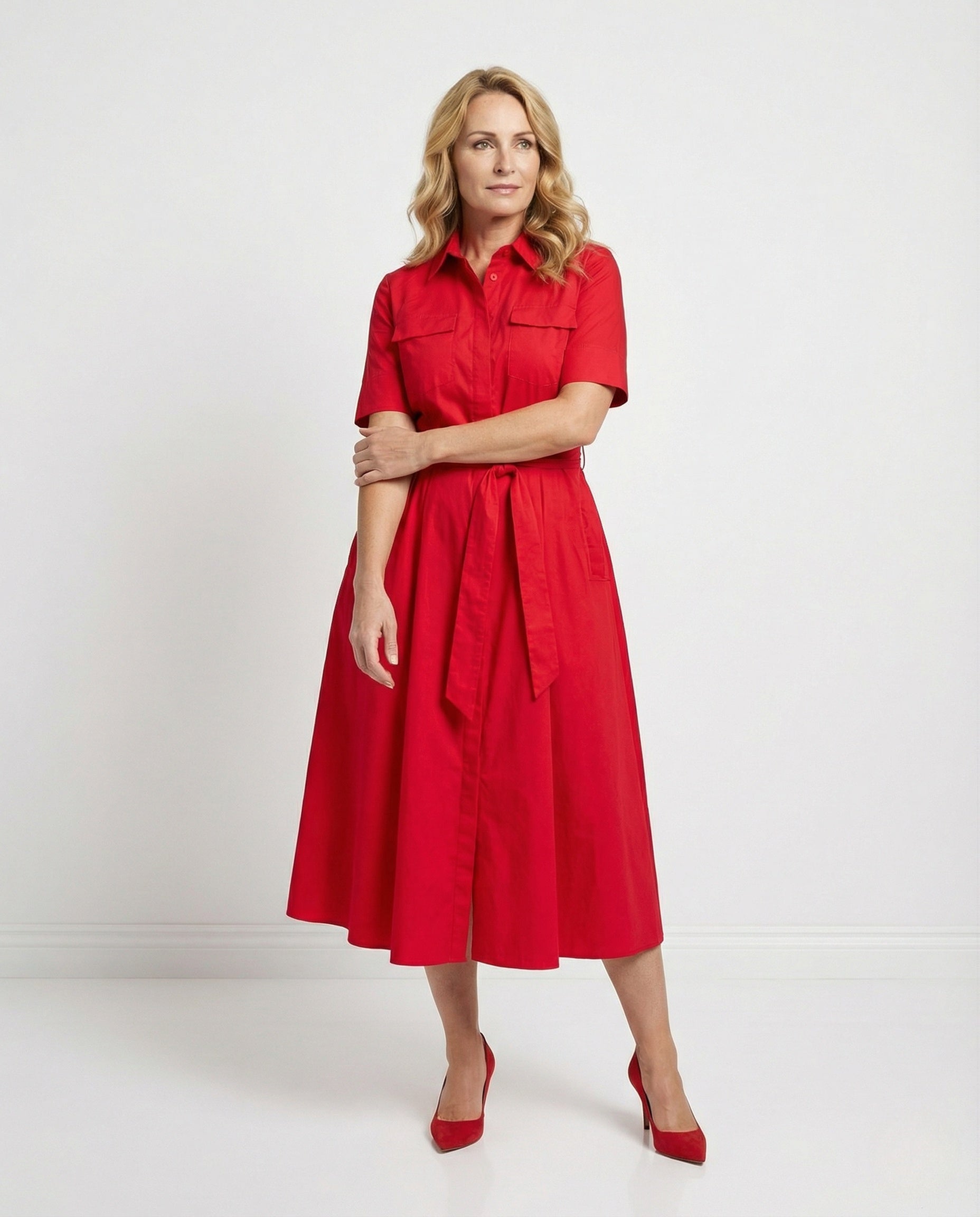 Damen Hemdblusenkleid mit Bindegürtel Baumwolle Blau - Eveloria