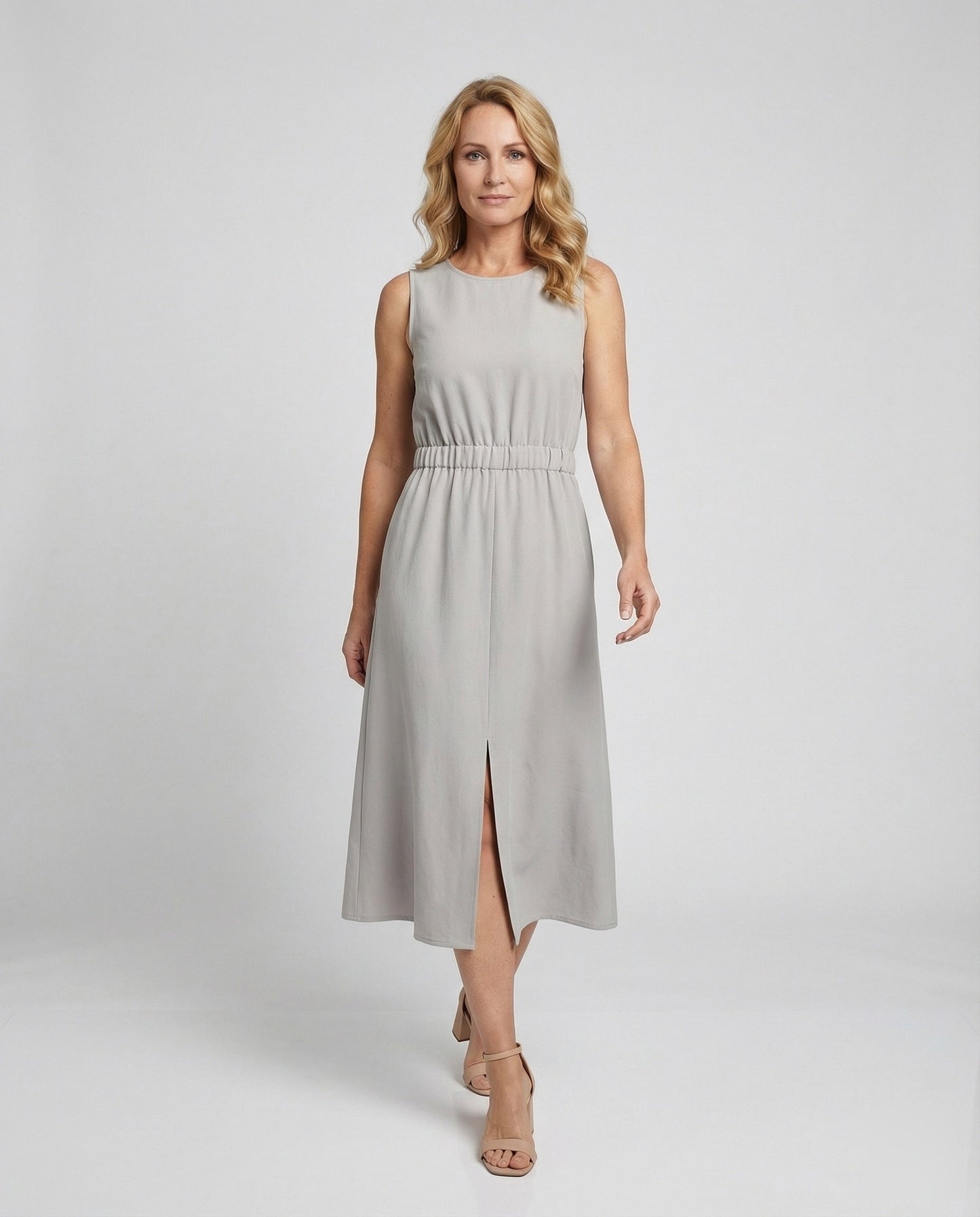 Damen Leinen Midikleid Ärmellos Mit Taschen Beige - Eveloria