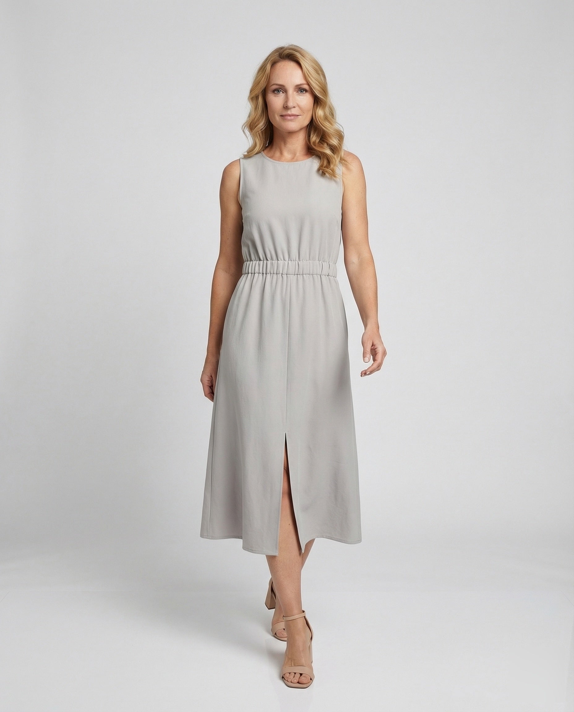 Damen Leinen Midikleid Ärmellos Mit Taschen Beige - Eveloria