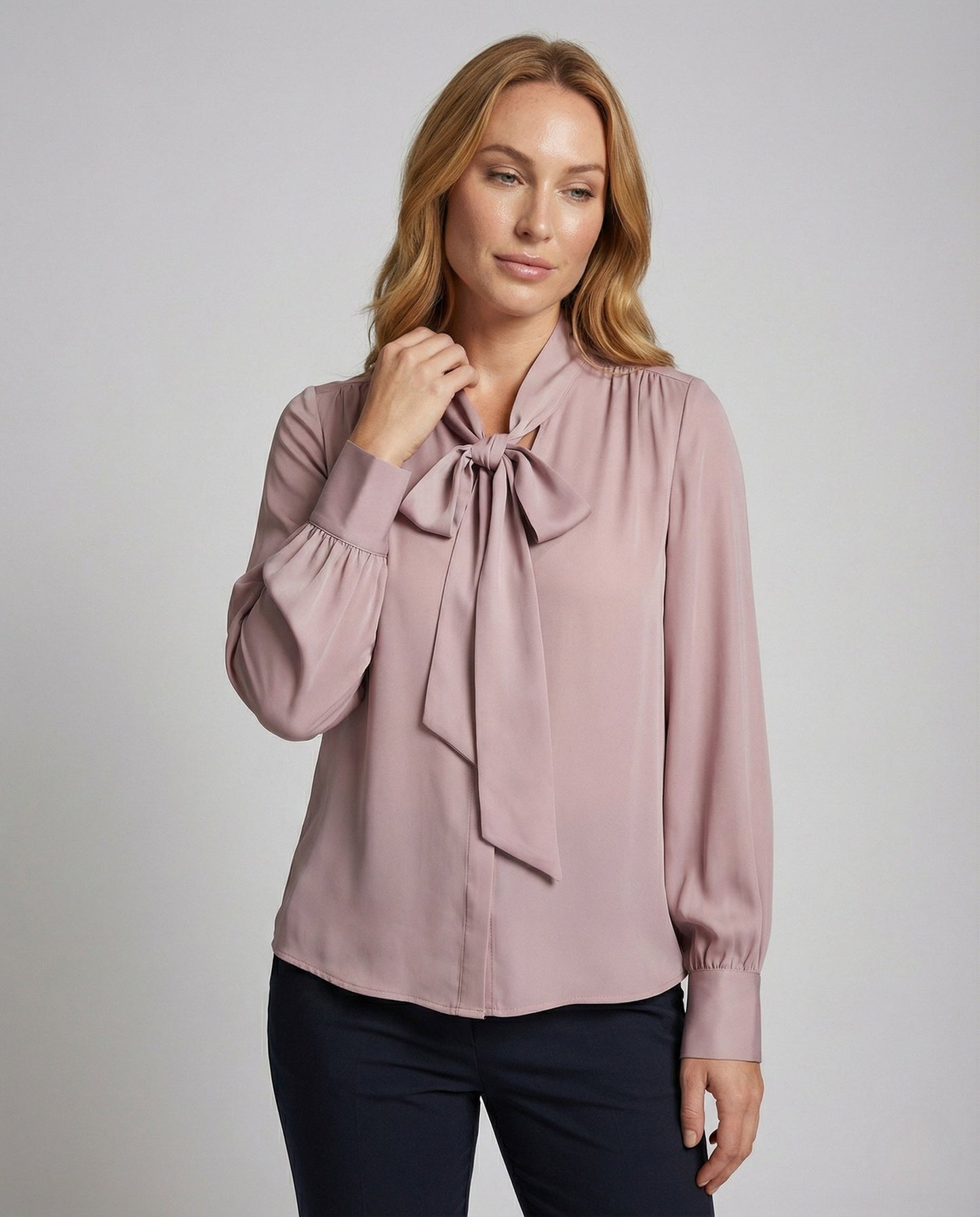 Damen Satin Bluse Schleifenkragen Manschettenärmel - Eveloria