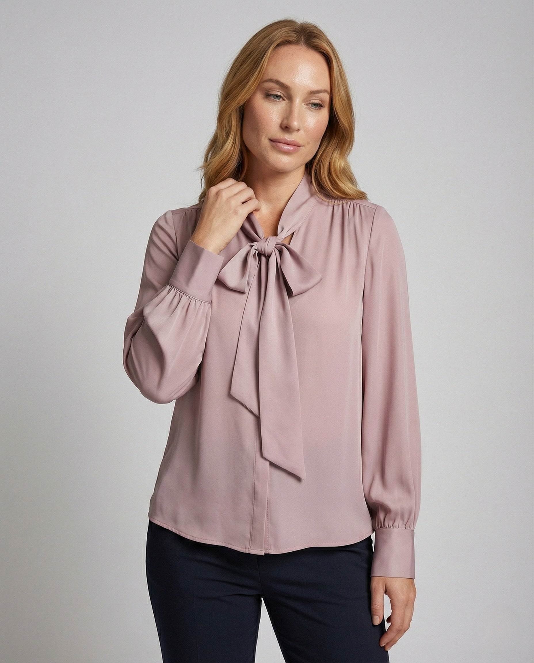 Damen Satin Bluse Schleifenkragen Manschettenärmel - Eveloria