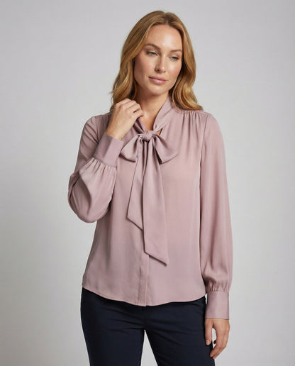 Damen Satin Bluse Schleifenkragen Manschettenärmel - Eveloria