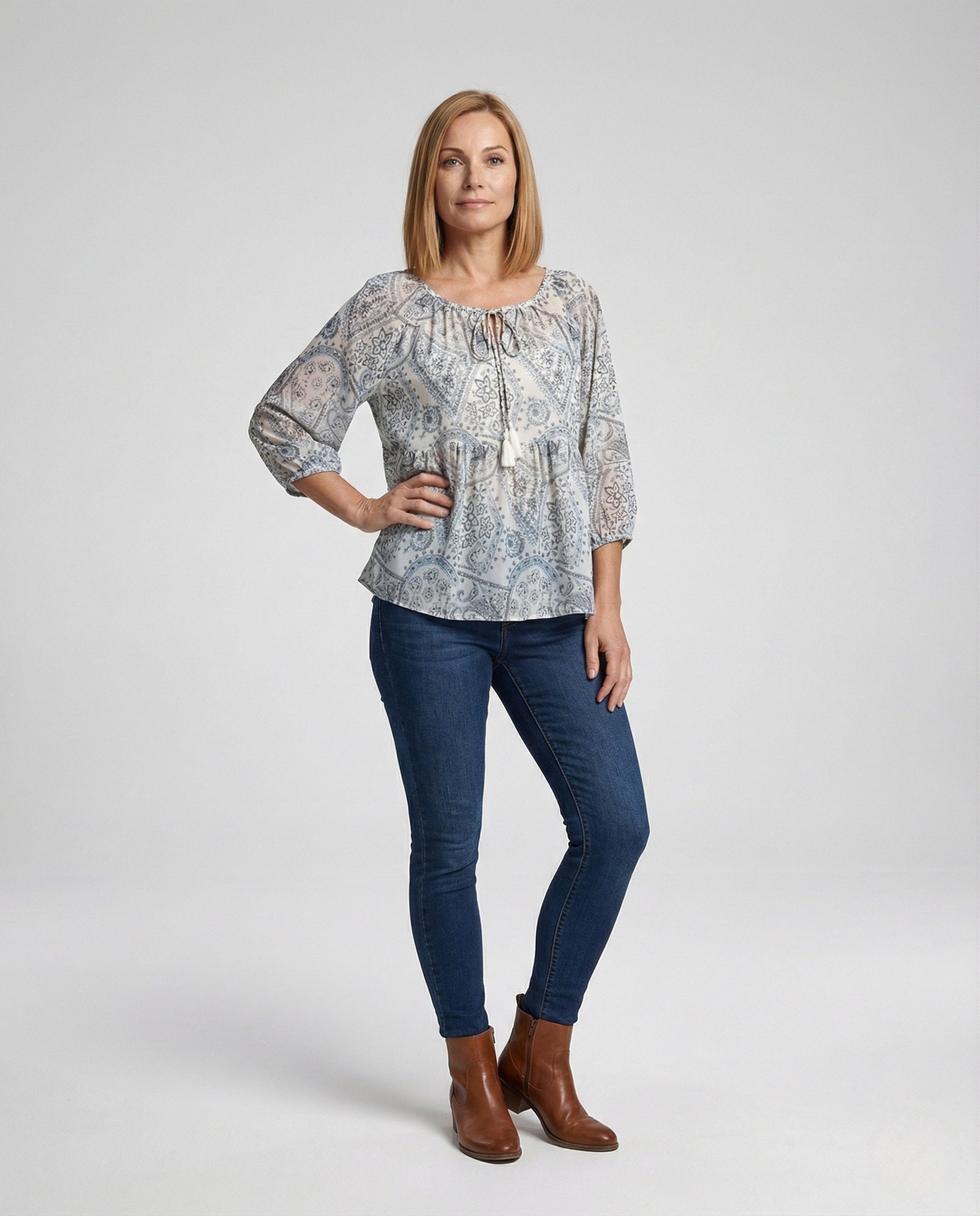 Damen Tunika Bluse Paisley Muster Quasten - Eveloria