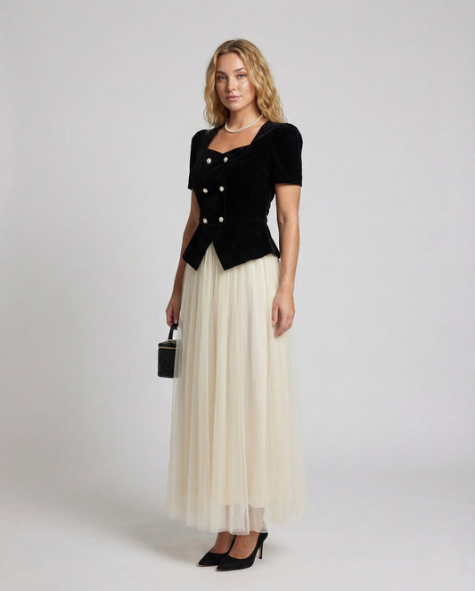 Damen Abendkleid Tüllrock Elegantes Ensemble Schwarz - Eveloria