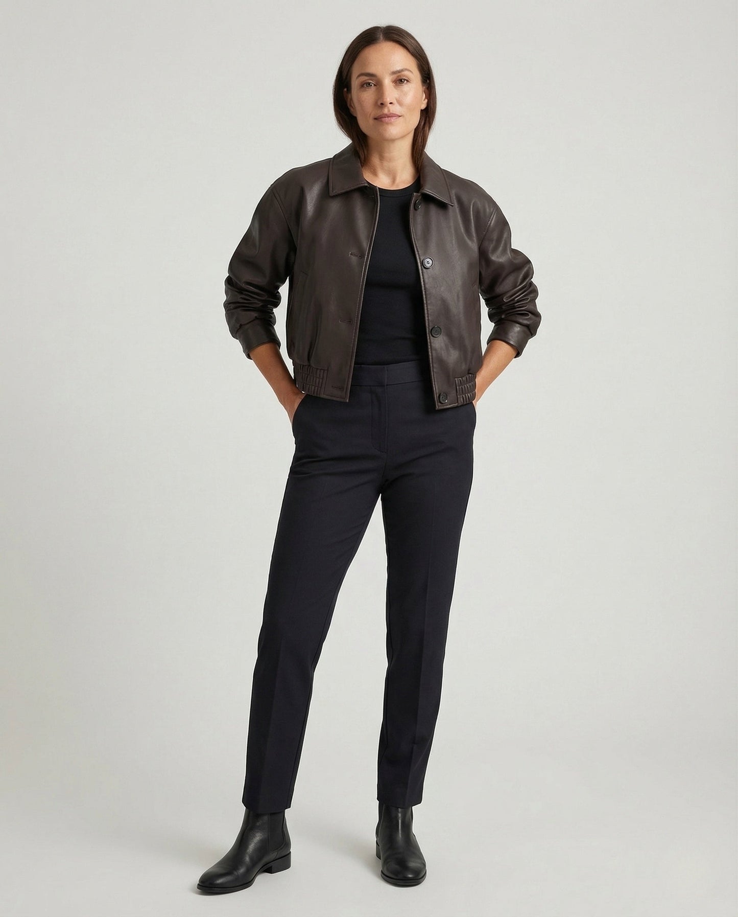 Damen Cropped Jacke Lederoptik Schwarz - Eveloria