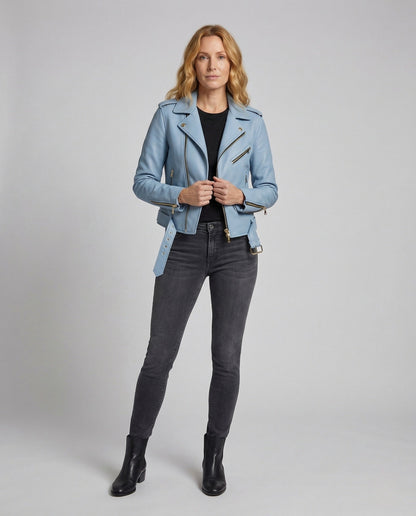 Damen Lederjacke Bikerstil mit Taillengürtel Schwarz - Eveloria