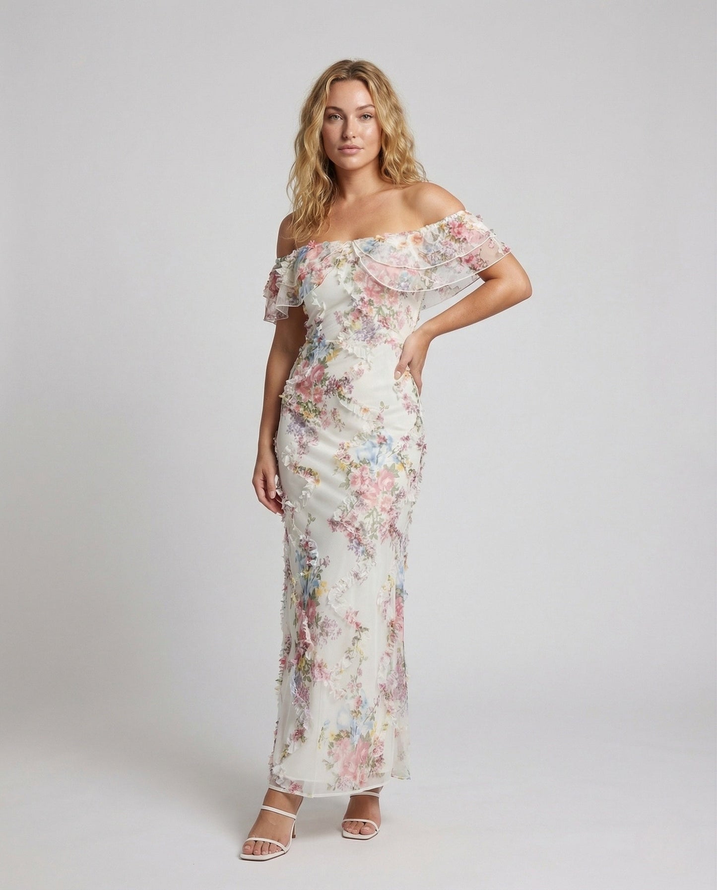 Damen Abendkleid Schulterfrei Blumenmuster - Eveloria