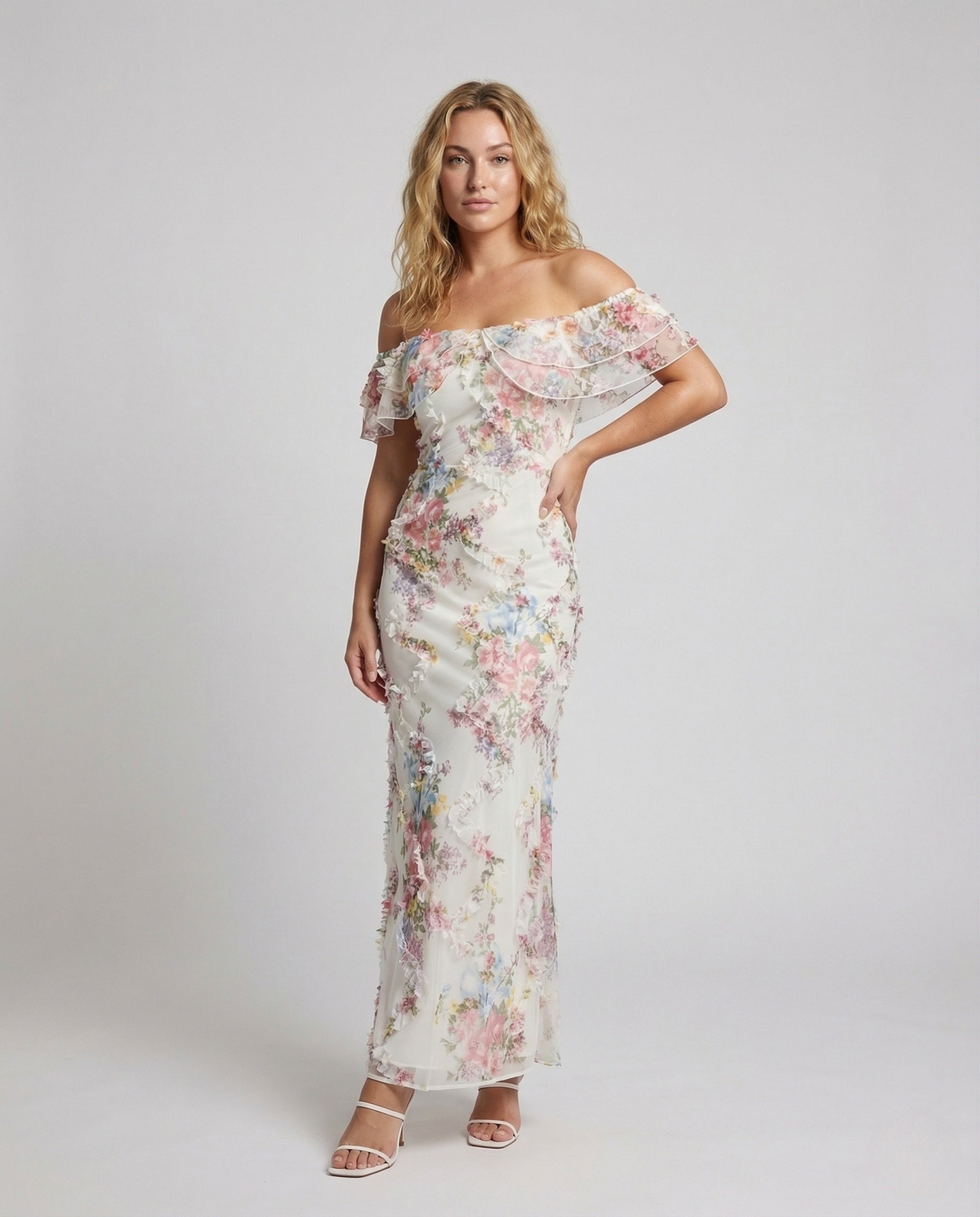 Damen Abendkleid Schulterfrei Blumenmuster - Eveloria
