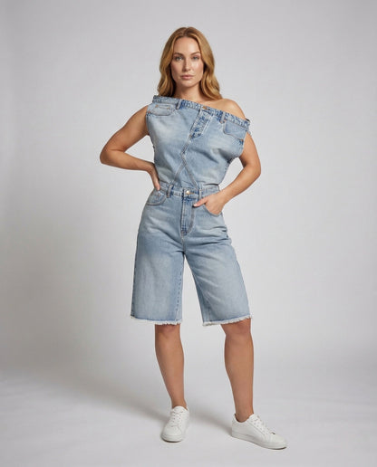 Damen Asymmetrischer Einteiler Jeans Carmen Stil - Eveloria