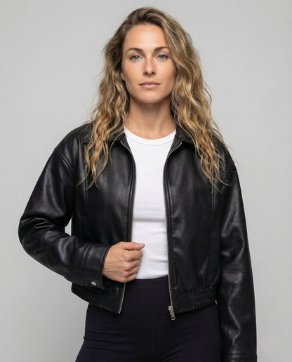 Damen Boxy Lederjacke Schwarz - Eveloria