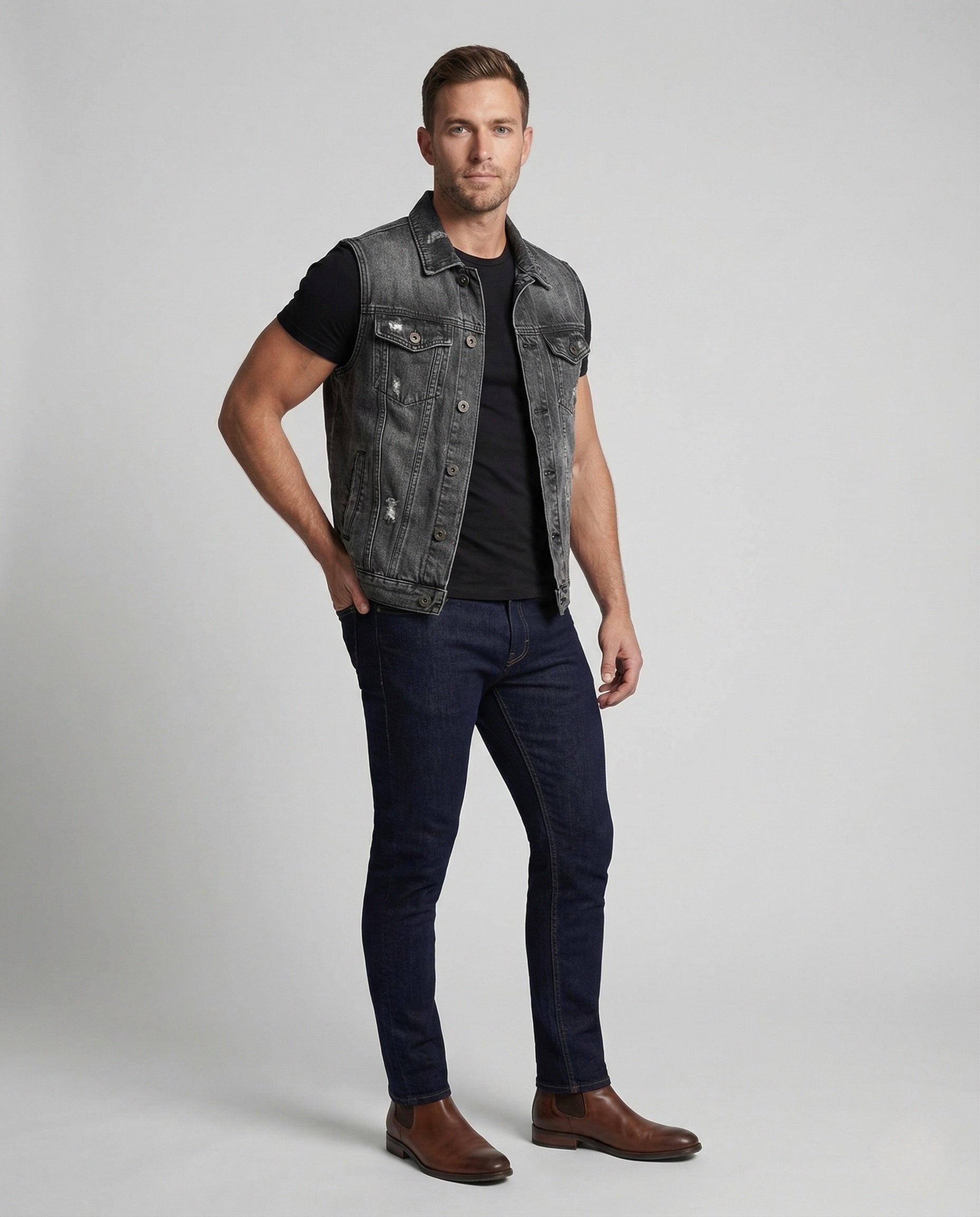 Herren Lederbikerweste Denim Stickerei Schwarz - Eveloria