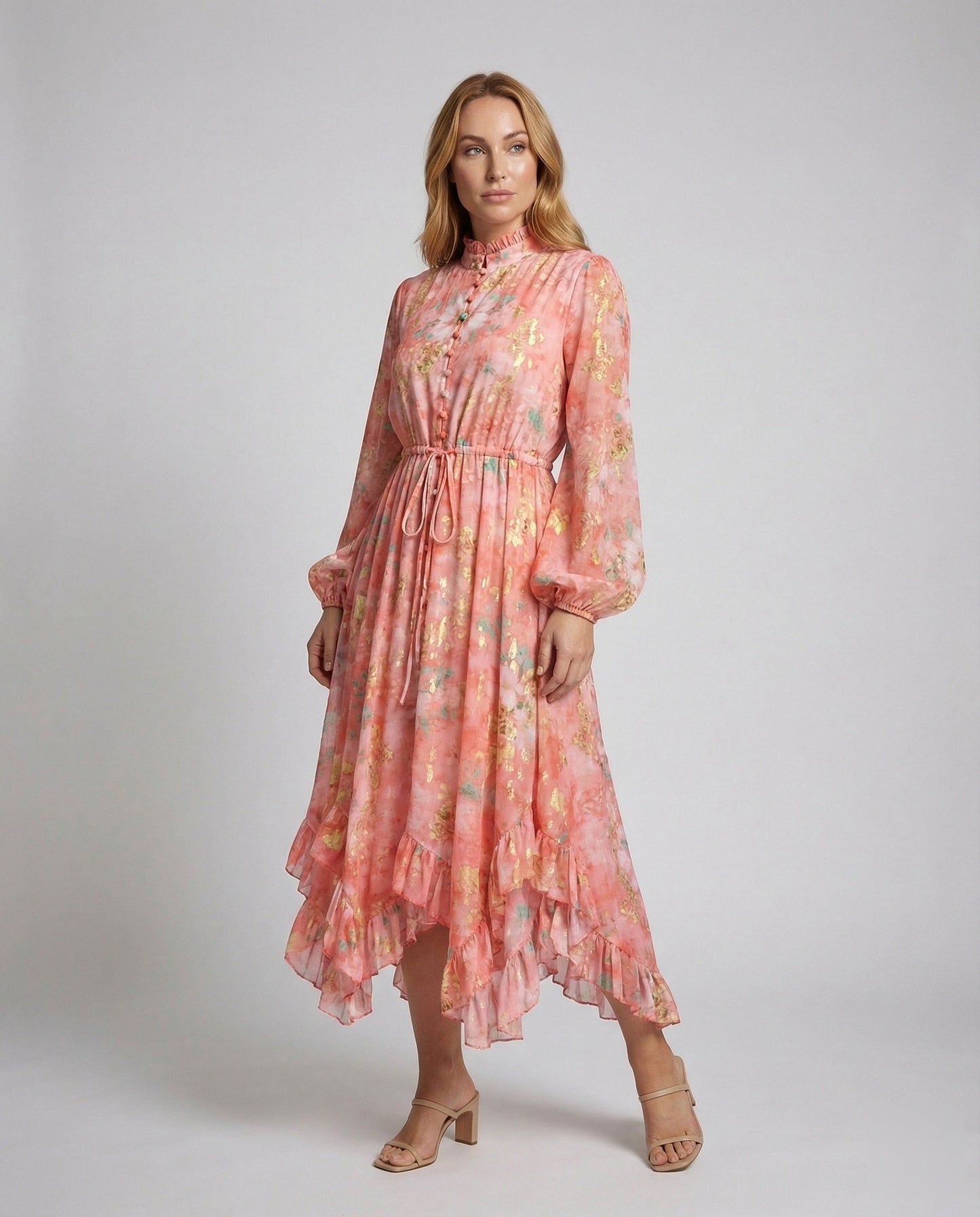 Damen Maxikleid Stehkragen Gürtel - Eveloria