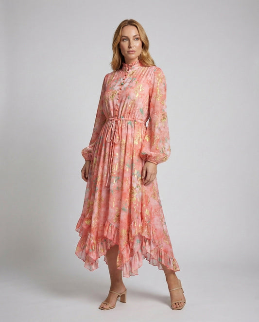 Damen Maxikleid Stehkragen Gürtel - Eveloria
