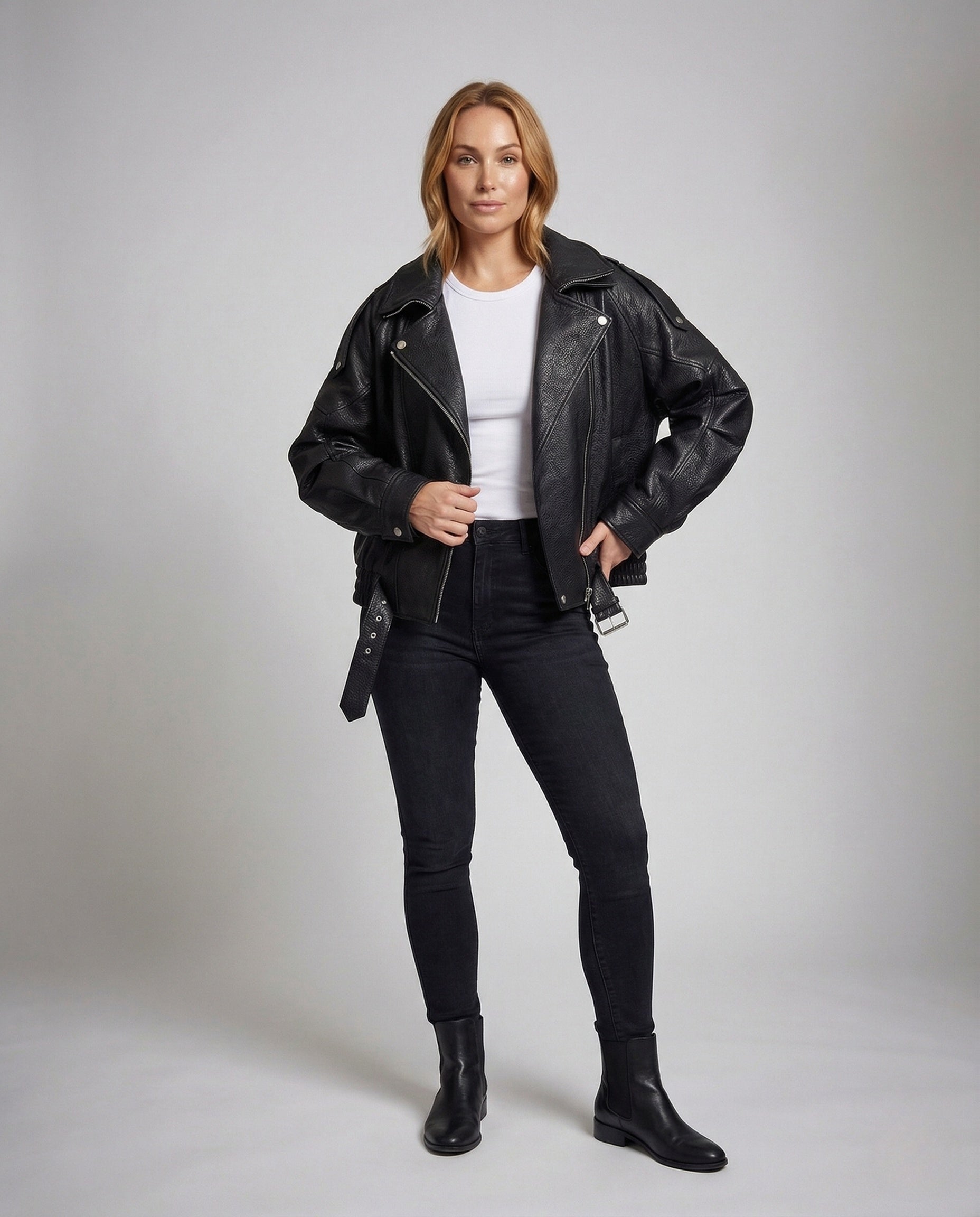 Damen Bikerjacke Oversize Kurz Kunstleder Schwarz - Eveloria