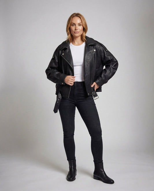 Damen Bikerjacke Oversize Kurz Kunstleder Schwarz - Eveloria
