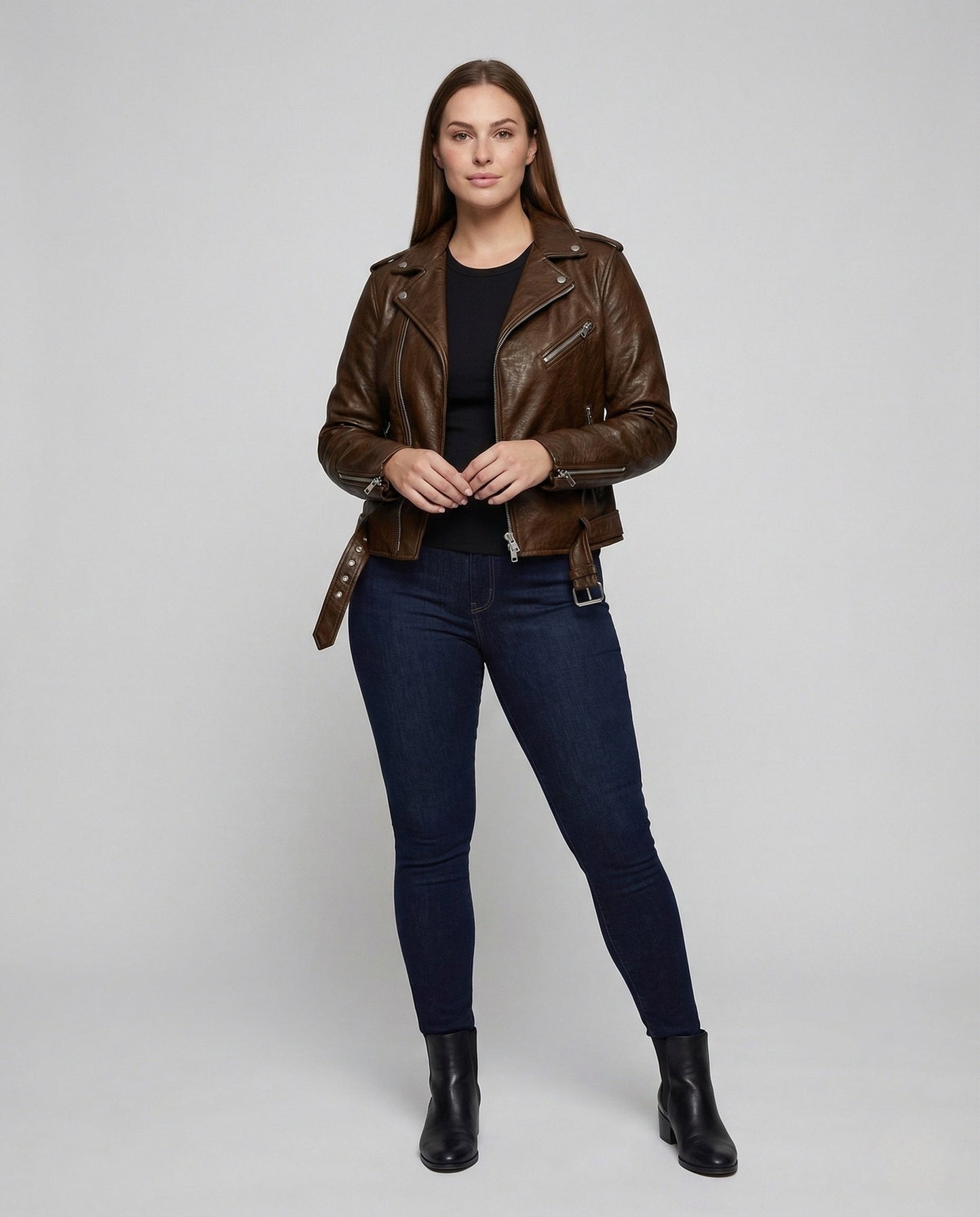 Damen Bikerjacke Kunstleder Tailliert Asymmetrisch Schwarz - Eveloria