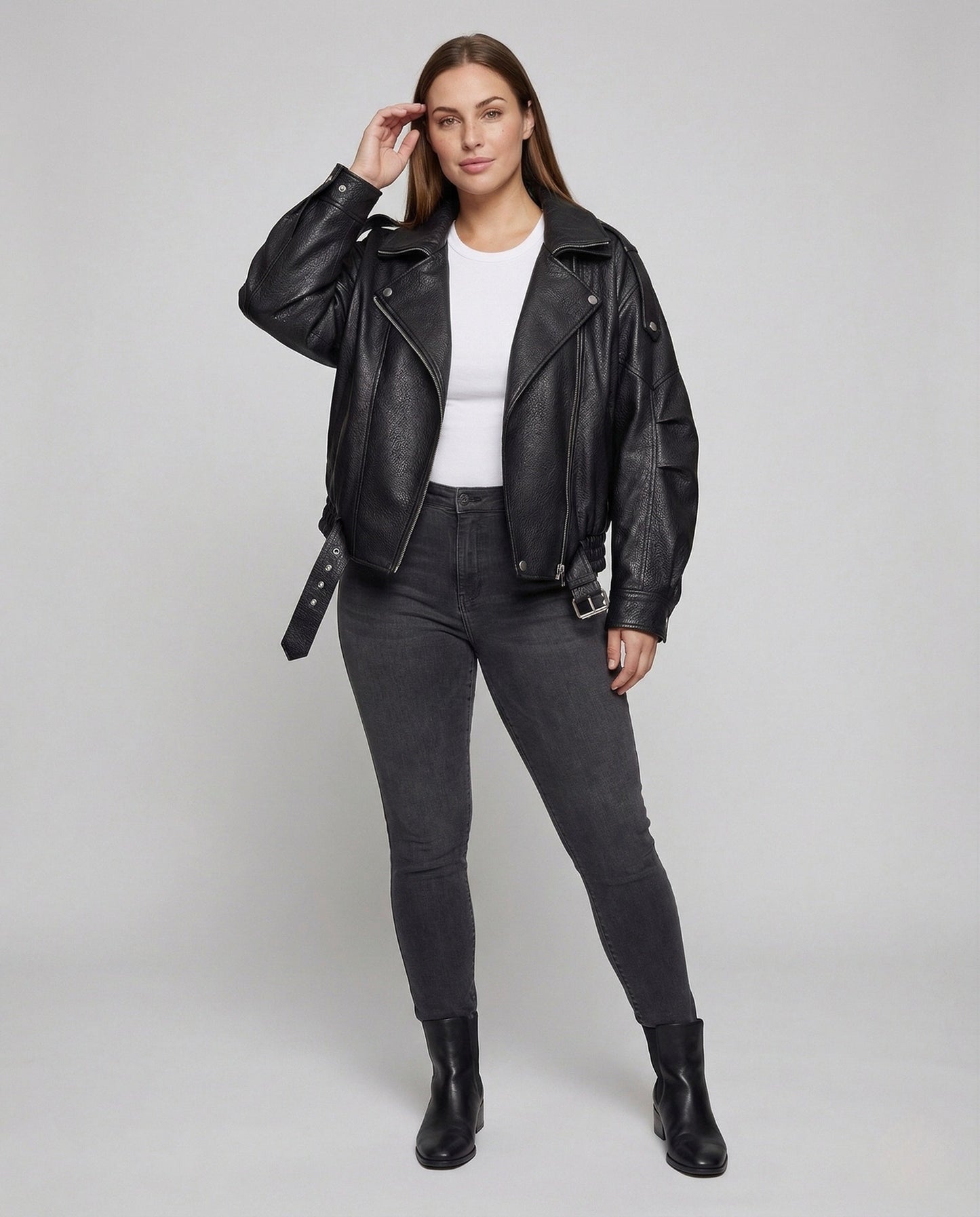 Damen Lederjacke Kunstleder Weit mit Taillengürtel - Eveloria