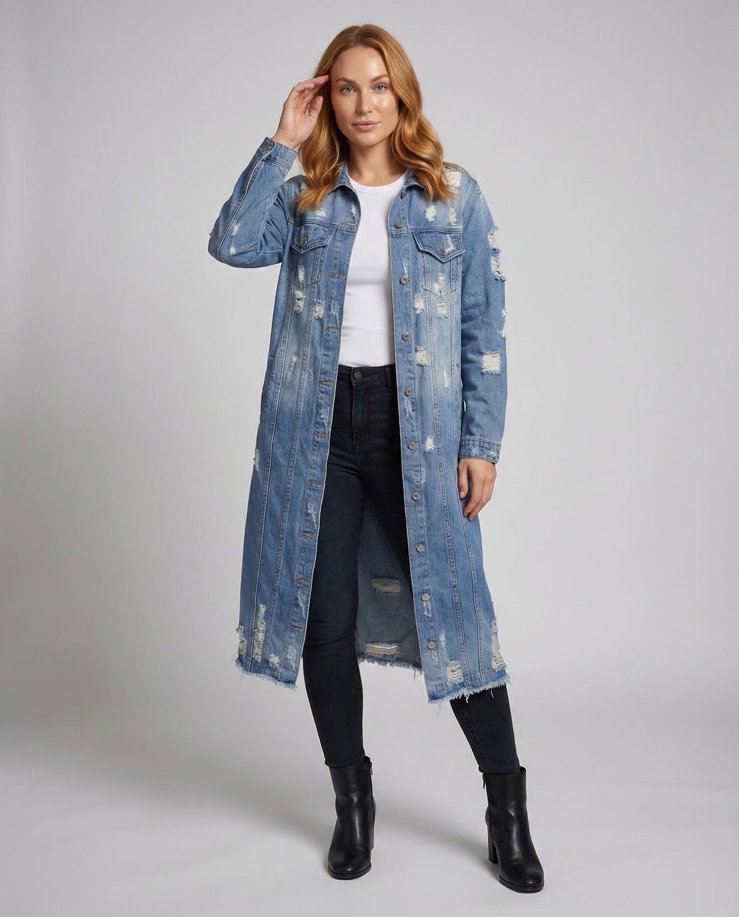 Damen Jeansmantel Lang Mit Taschen - Eveloria